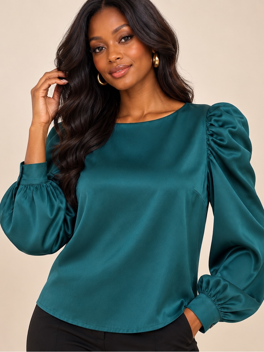 Lulus Teal Satin Puff Sleeve Blouse Small Office Holiday Party Work Top